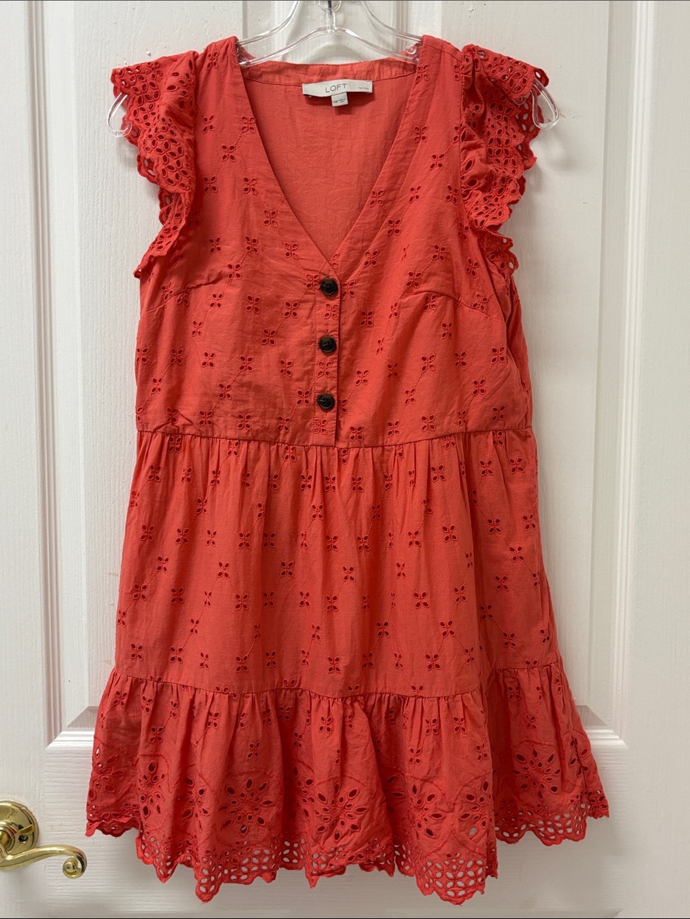 LOFT Coral Eyelet Tiered Mini Dress with Flutter Sleeves